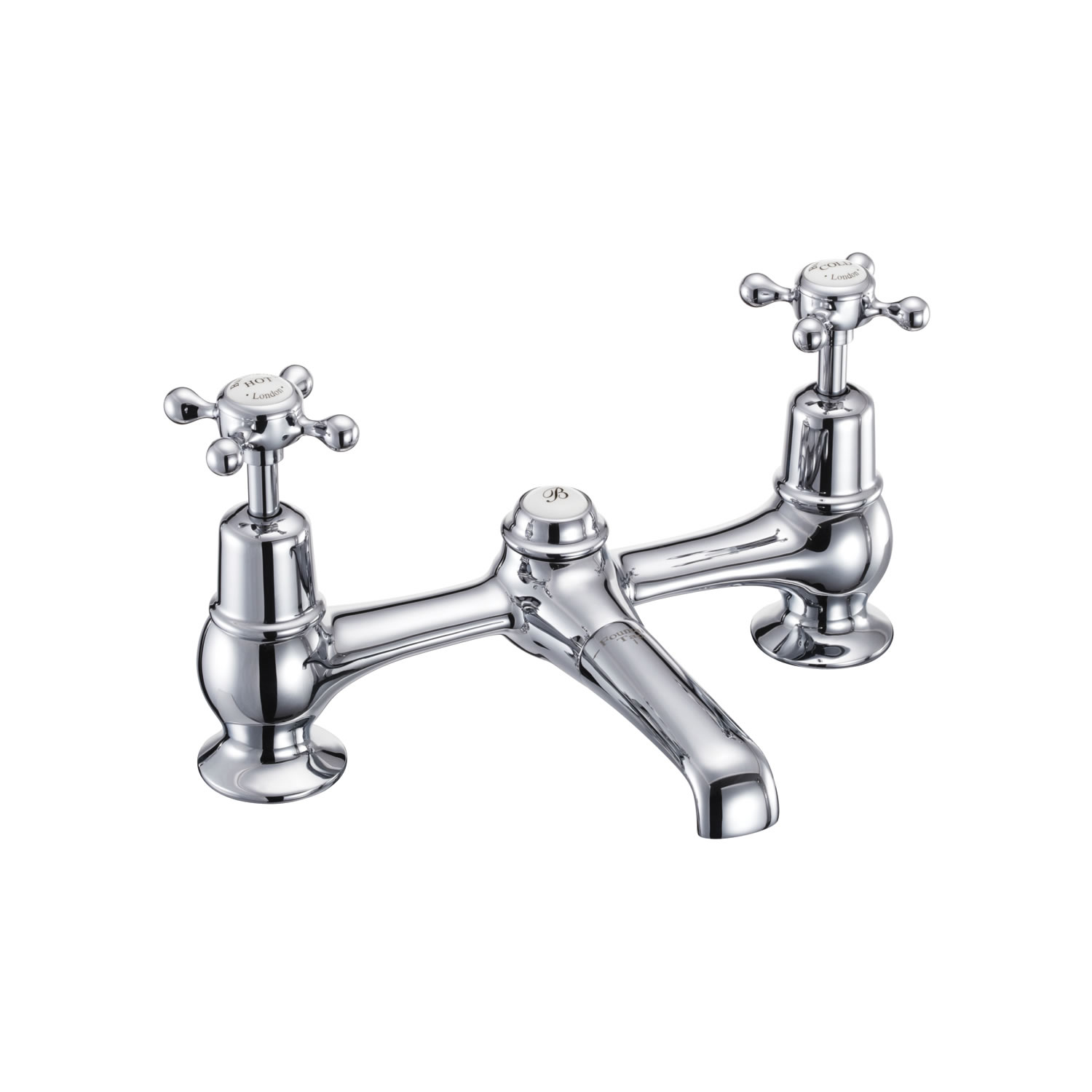 Claremont 2 tap hole bridge basin mixer with low central indice with plug and chain waste with swivel spout