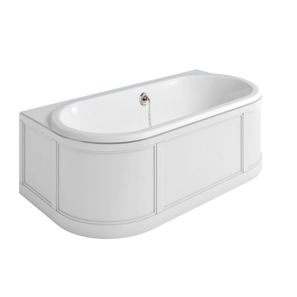 London Back To Wall Bath with Curved Surround incl overflow & waste - Matt White