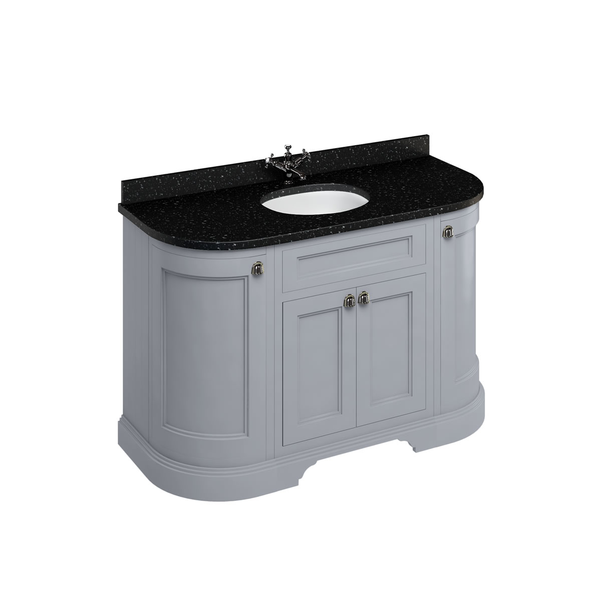 Freestanding 134 Curved Vanity Unit with doors - Classic Grey and Minerva black granite worktop with integrated white basin 