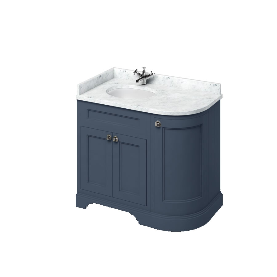 Freestanding 100 Curved Corner Vanity Unit Left Hand - Blue and Minerva Carrara white worktop with integrated white basin