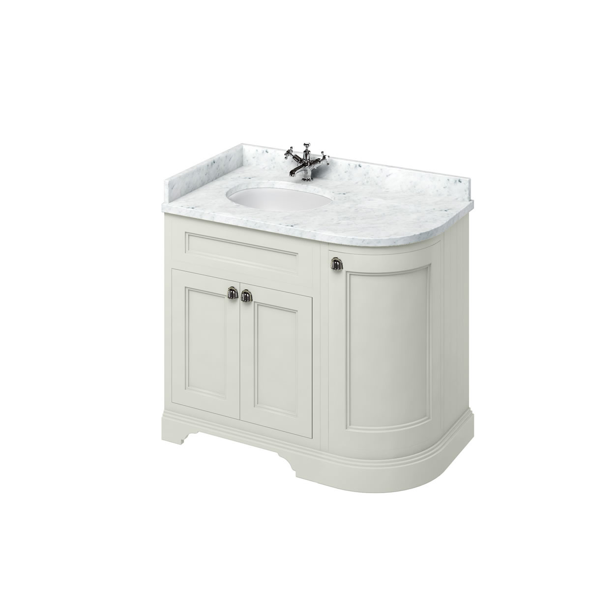 Freestanding 100 Curved Corner Vanity Unit Left Hand - Sand and Minerva Carrara white worktop with integrated white basin