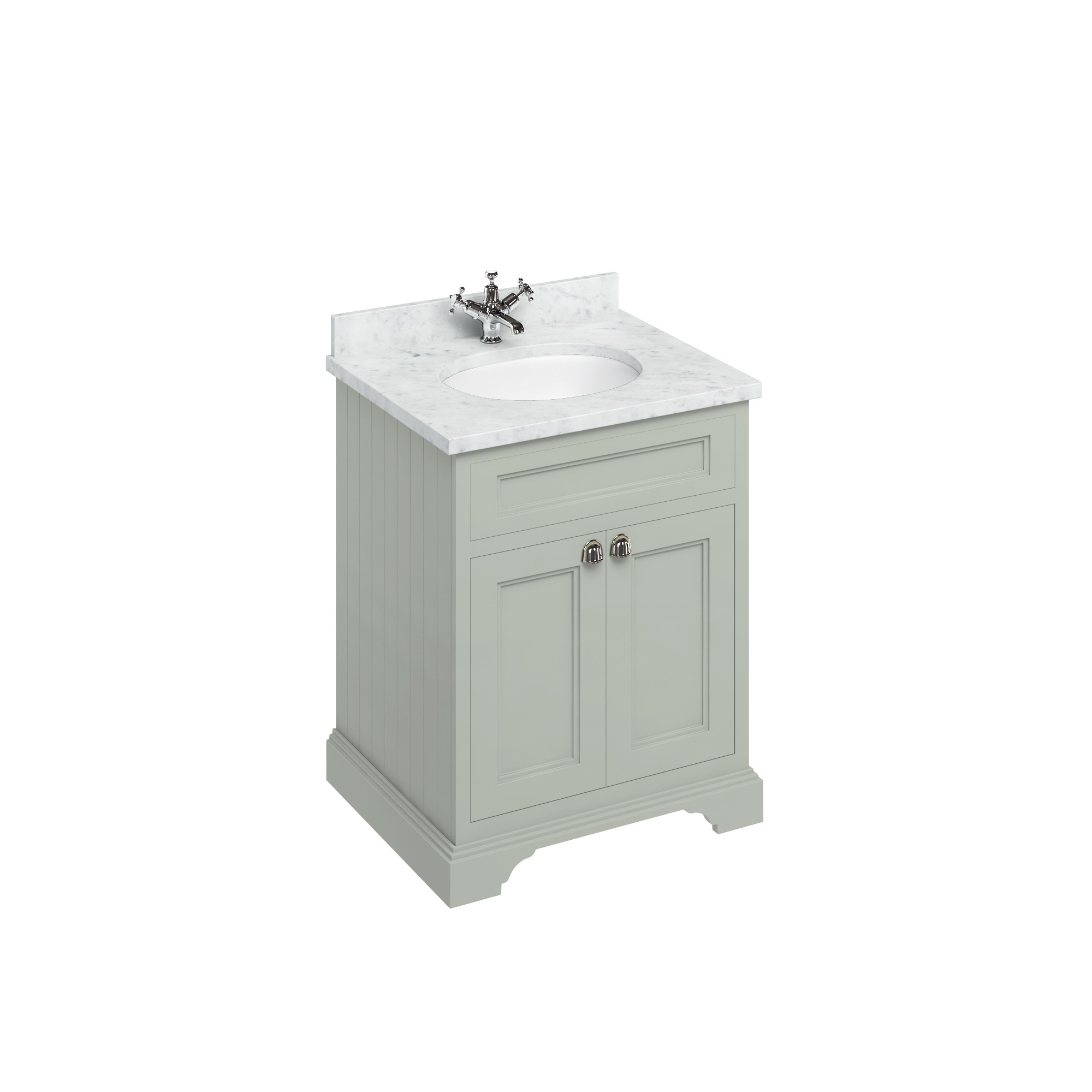 Freestanding 65 Vanity Unit with doors - Dark Olive and Minerva Carrara white worktop with integrated white basin