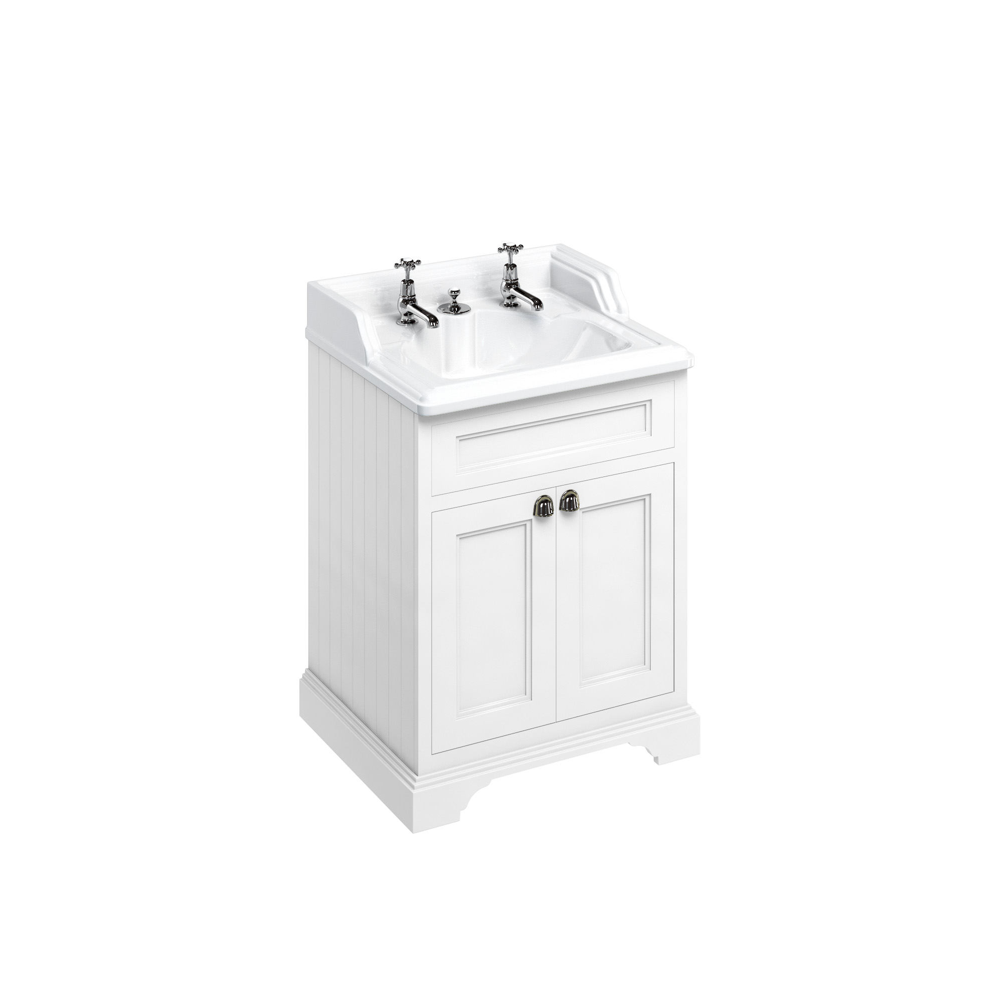 Freestanding 65 Vanity Unit with doors - Matt White and Classic Invisible Overflow basin 2 tap holes