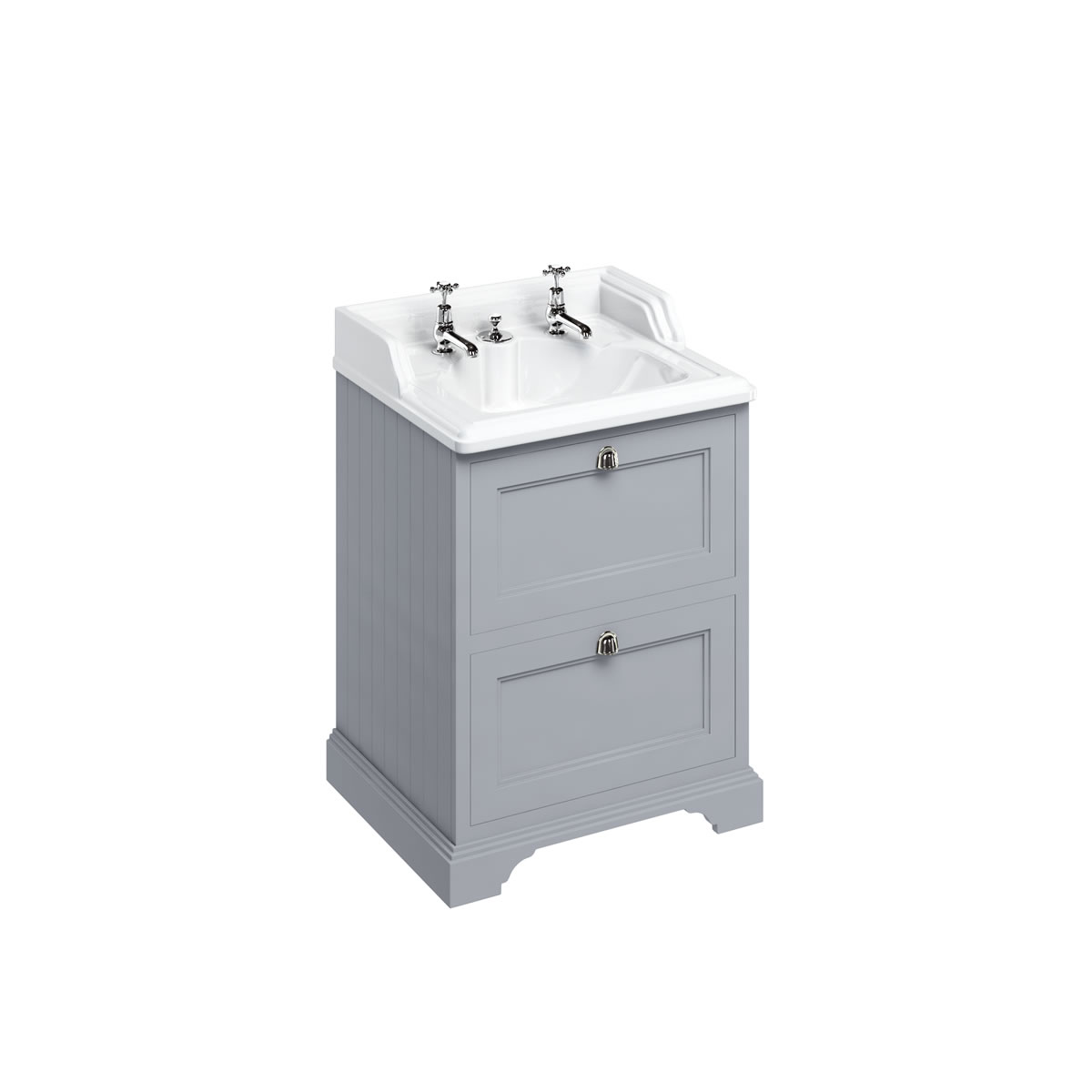 Freestanding 65 Vanity Unit with 2 drawers - Classic Grey and Classic Invisible Overflow basin 2 tap holes 