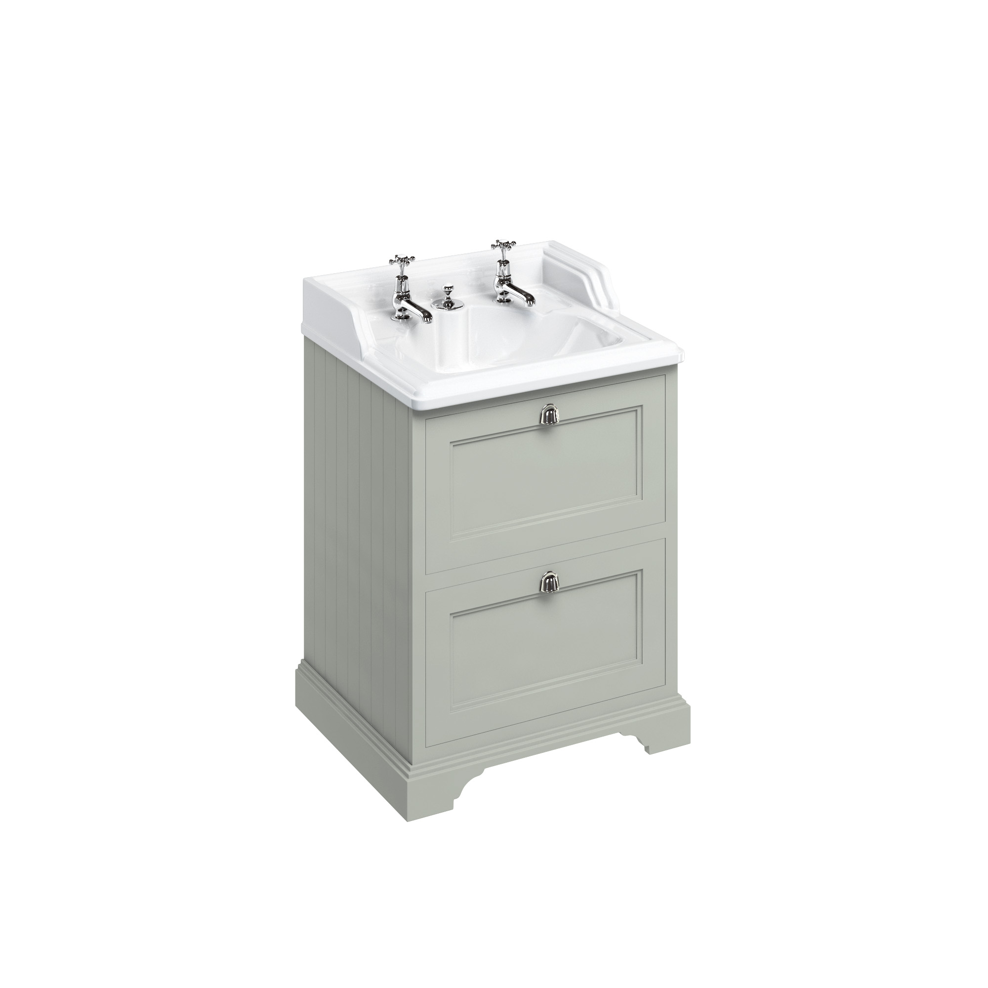 Freestanding 65 Vanity Unit with 2 drawers - Dark Olive and Classic Invisible Overflow basin 2 tap holes