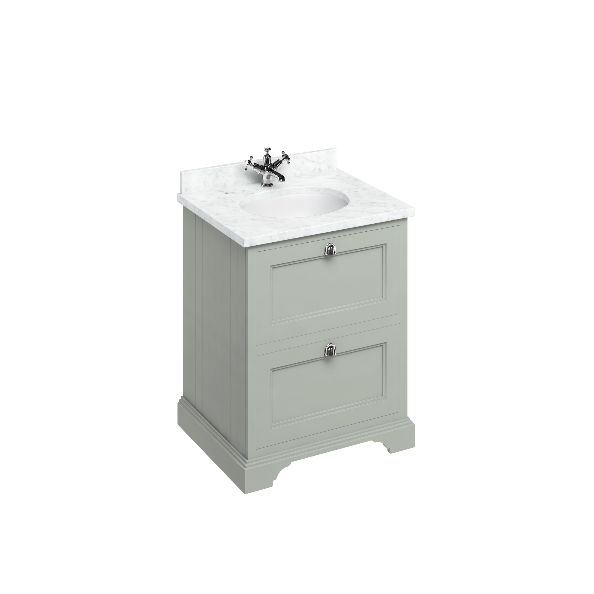 Freestanding 65 Vanity Unit with 2 drawers - Dark Olive and Minerva Carrara white worktop with integrated white basin