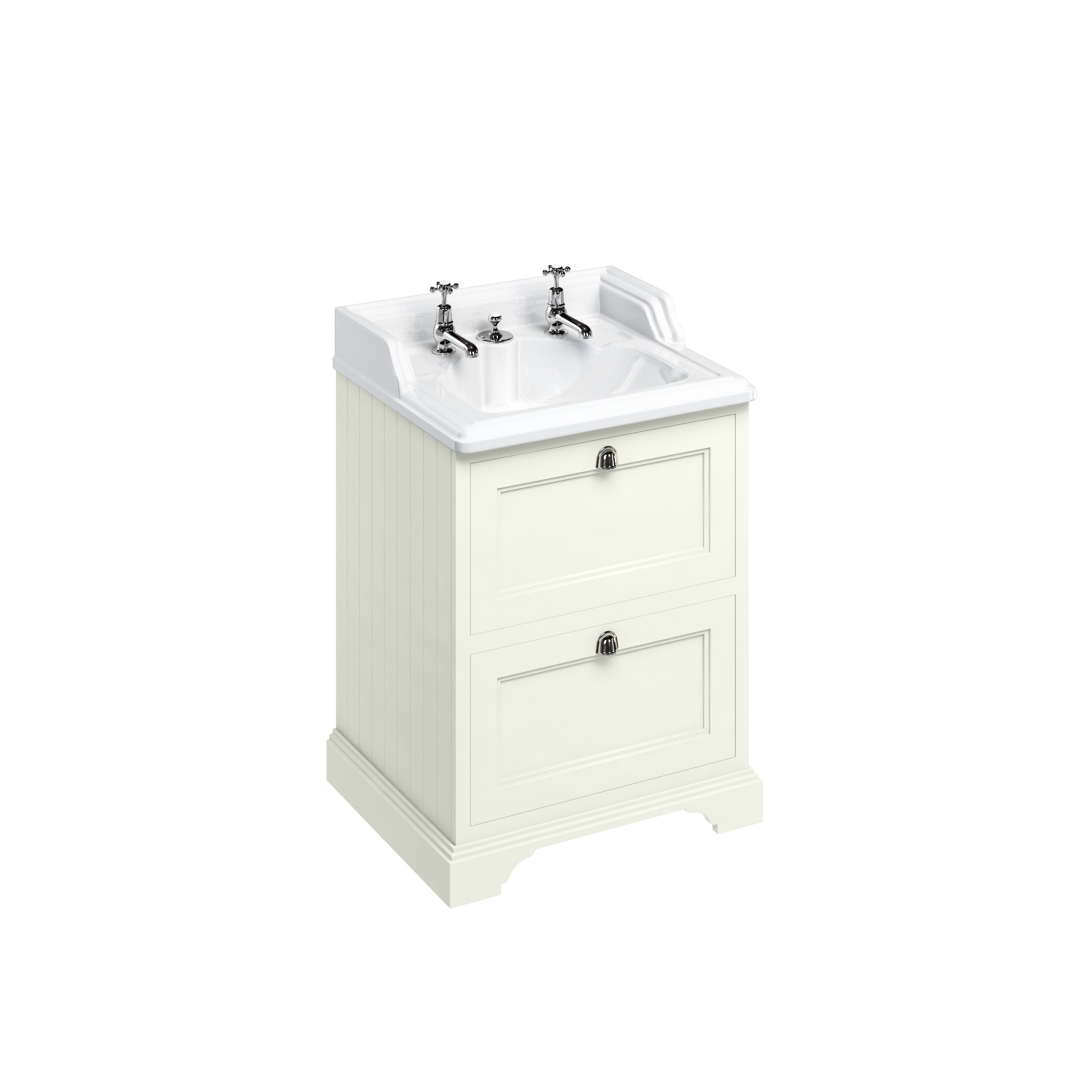 Freestanding 65 Vanity Unit with 2 drawers - Sand and Classic Invisible Overflow basin 2 tap holes