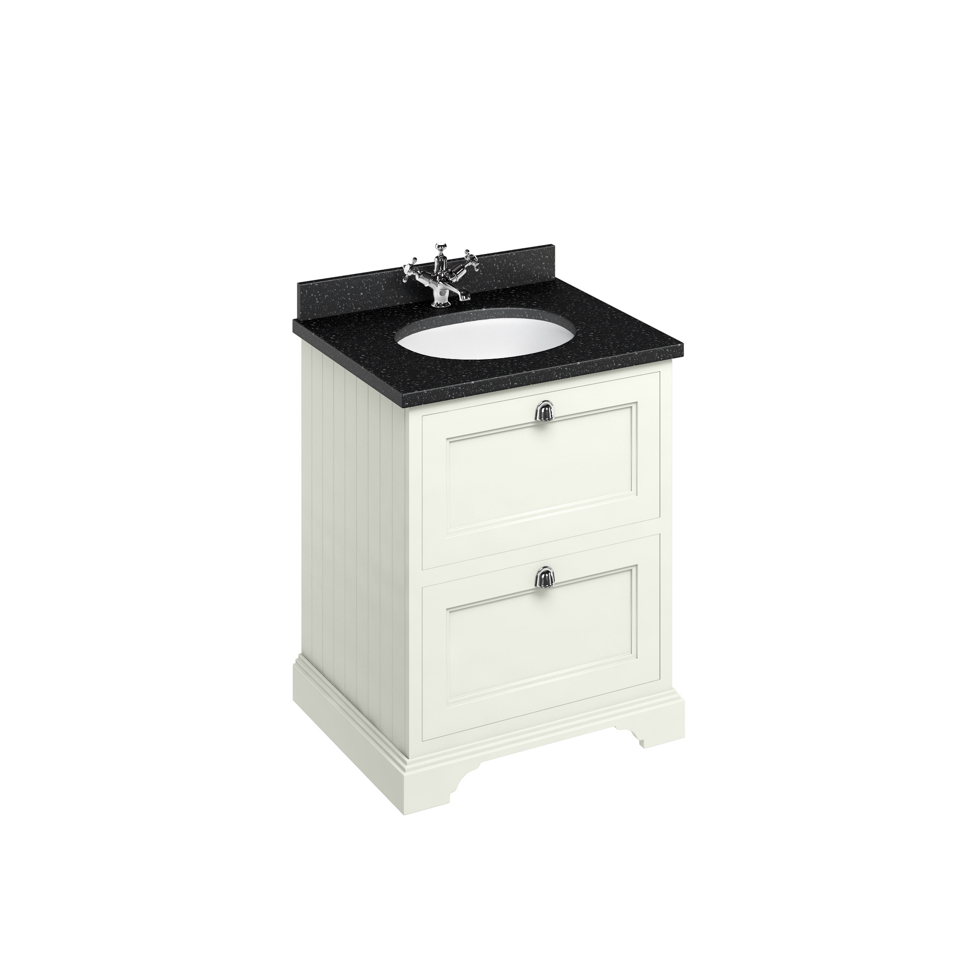 Freestanding 65 Vanity Unit with 2 drawers - Sand and Minerva black granite worktop with integrated white basin