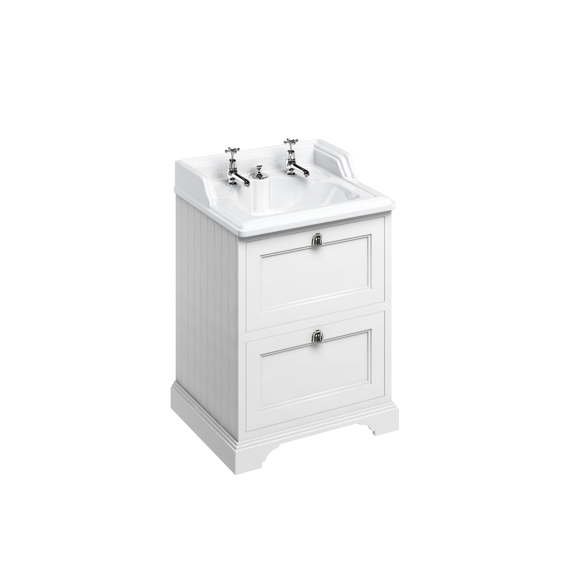 Freestanding 65 Vanity Unit with 2 drawers - Matt White and Classic Invisible Overflow basin 2 tap holes