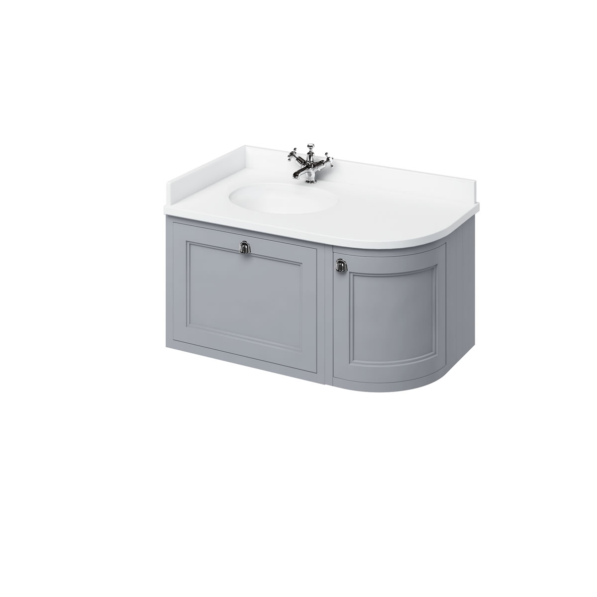 Wall Hung 100 Curved Corner Vanity Unit Left Hand - Classic Grey and Minerva white worktop with integrated white basin 