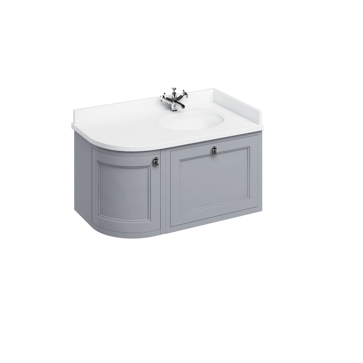 Wall Hung 100 Curved Corner Vanity Unit Right Hand - Classic Grey and Minerva white worktop with integrated white basin