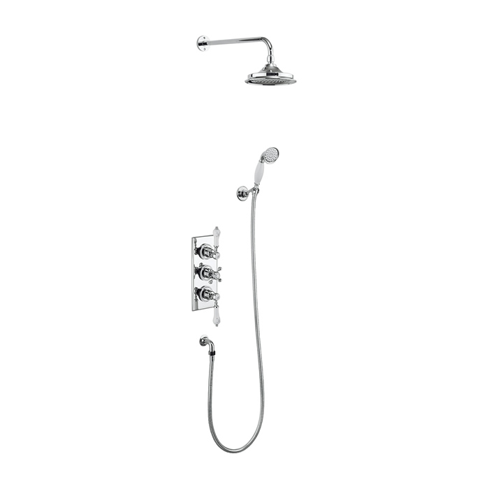 Trent Thermostatic Two Outlet Concealed Shower Valve , Fixed Shower Arm, Handset & Holder with Hose with 9 inch rose 