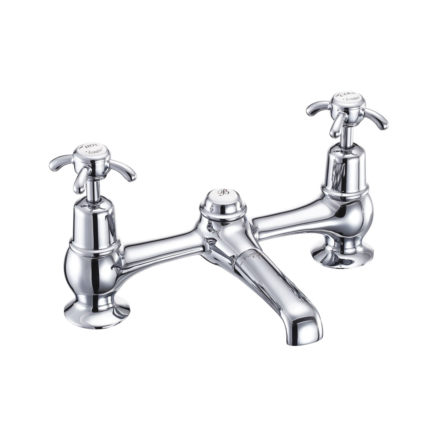 Anglesey 2 tap hole bridge basin mixer with low central indice with plug and chain waste with swivel spout