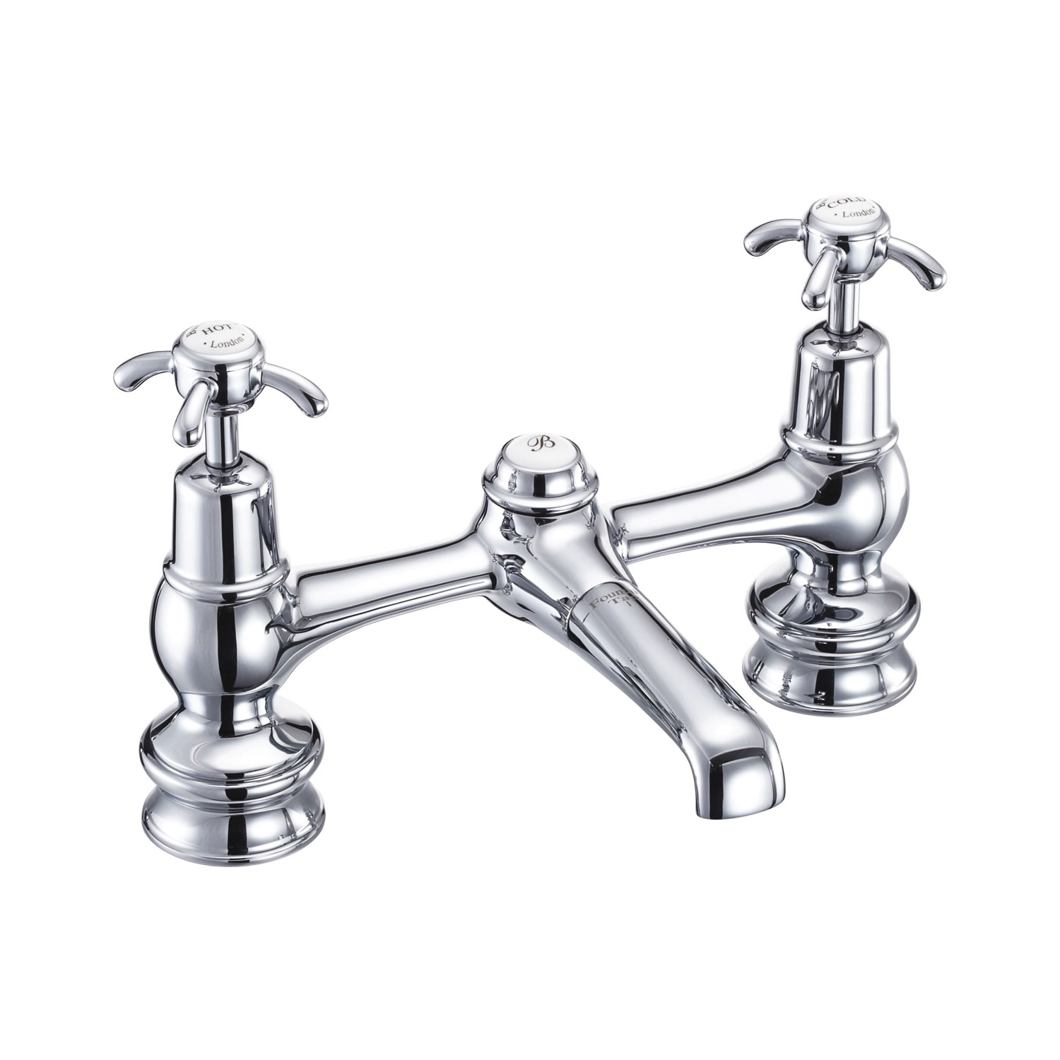 Anglesey Regent 2 tap hole bridge basin mixer with low central indice with plug and chain waste with swivel spout