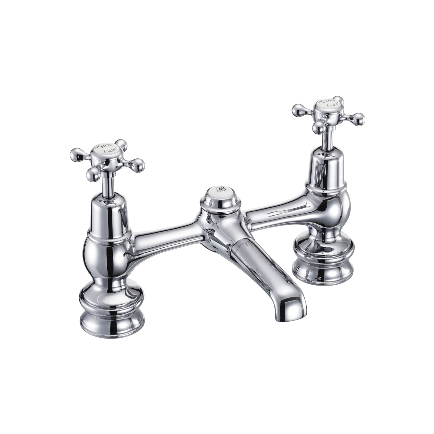 Claremont Regent 2 tap hole bridge basin mixer with low central indice with plug and chain waste with swivel spout