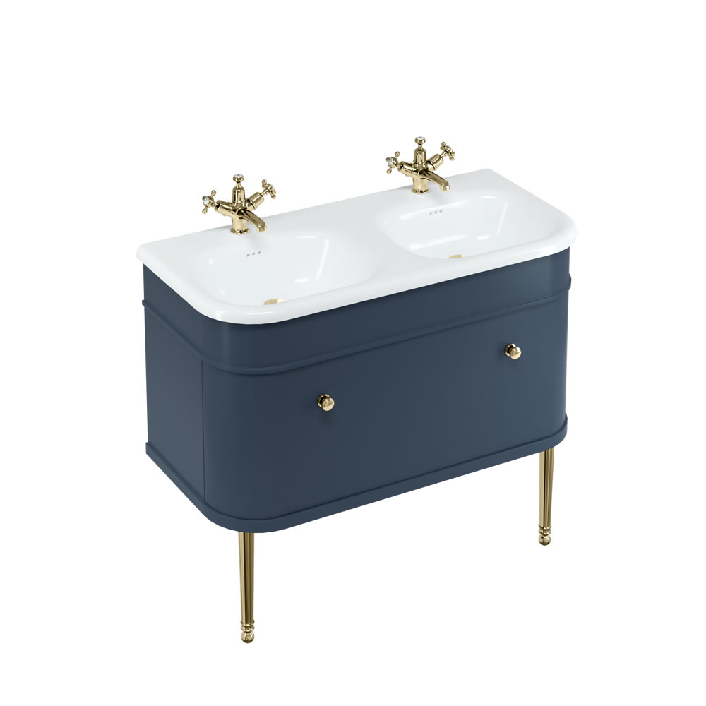 Chalfont 100cm Single drawer unit Matt Blue with roll top basin, gold legs & gold handles