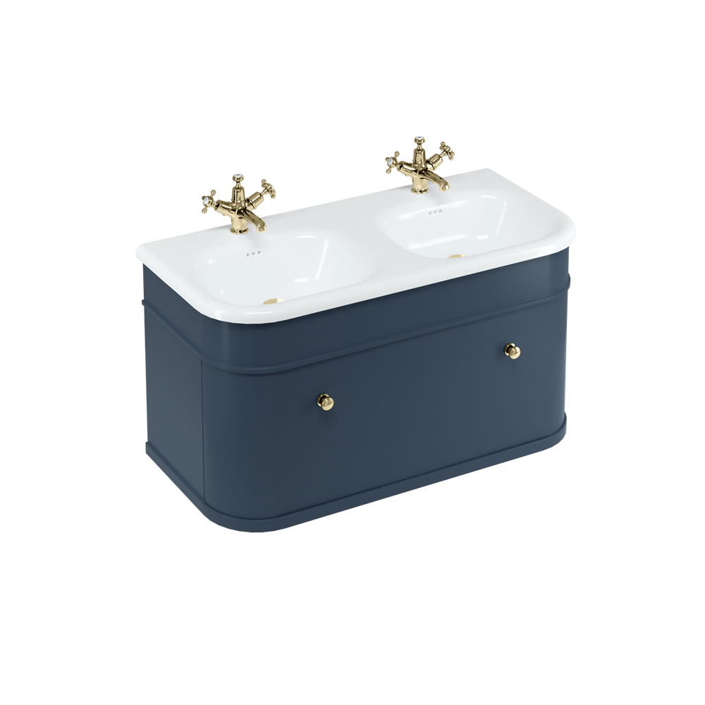 Chalfont 100cm Single drawer unit Matt Blue with roll top basin & gold handles