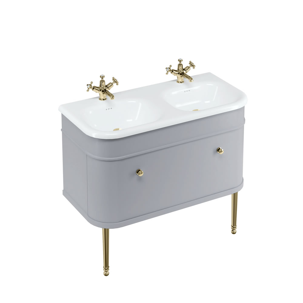 Chalfont 100cm Single drawer unit Matt Grey with roll top basin, gold legs & gold handles