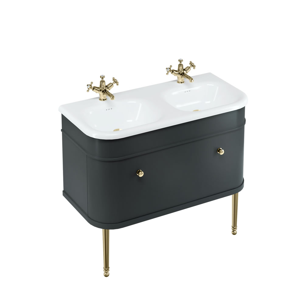 Chalfont 100cm Single drawer unit Matt Black with roll top basin, gold legs & gold handles