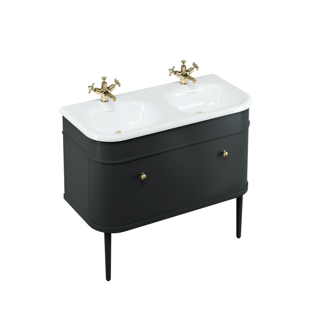 Chalfont 100cm Single drawer unit Matt Black with roll top basin, matt black legs & gold handles