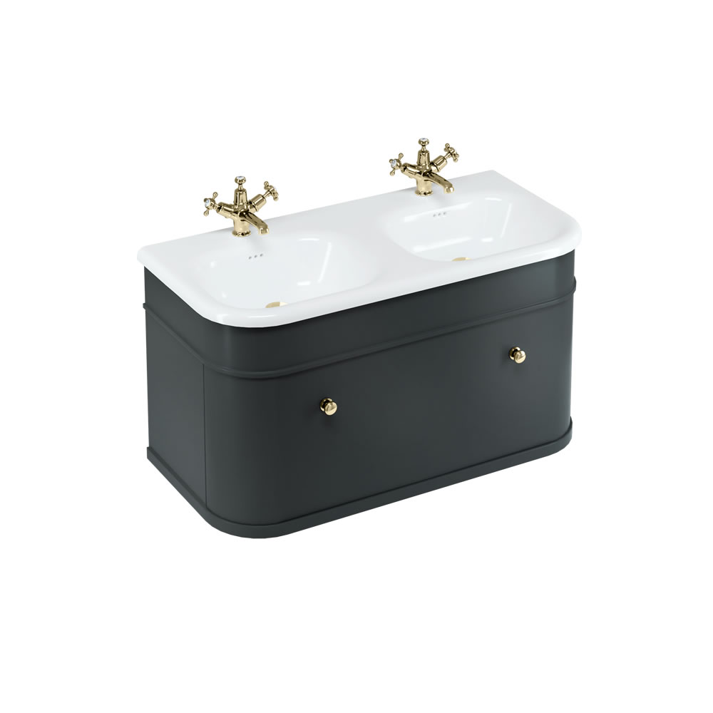 Chalfont 100cm Single drawer unit Matt Black with roll top basin & gold handles