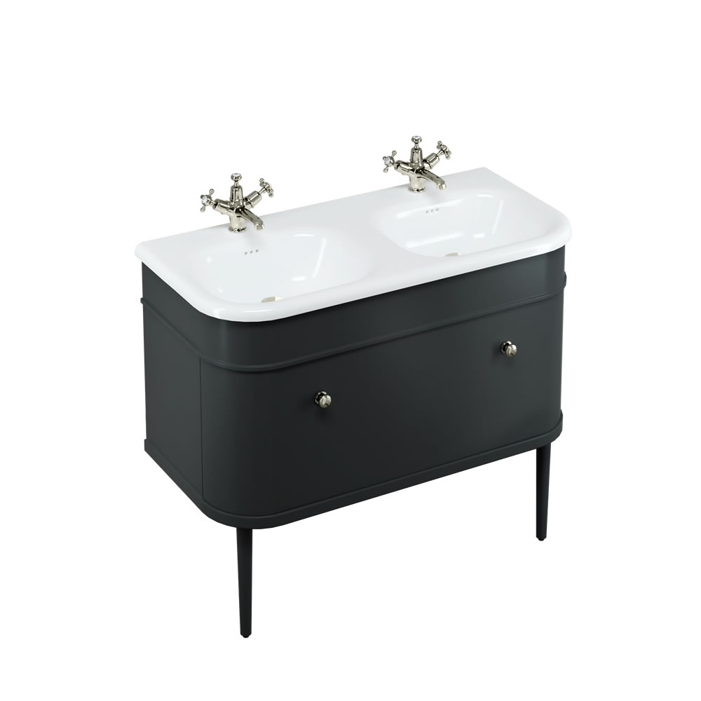 Chalfont 100cm Single drawer unit Matt Black with roll top basin, matt black legs & nickel handles