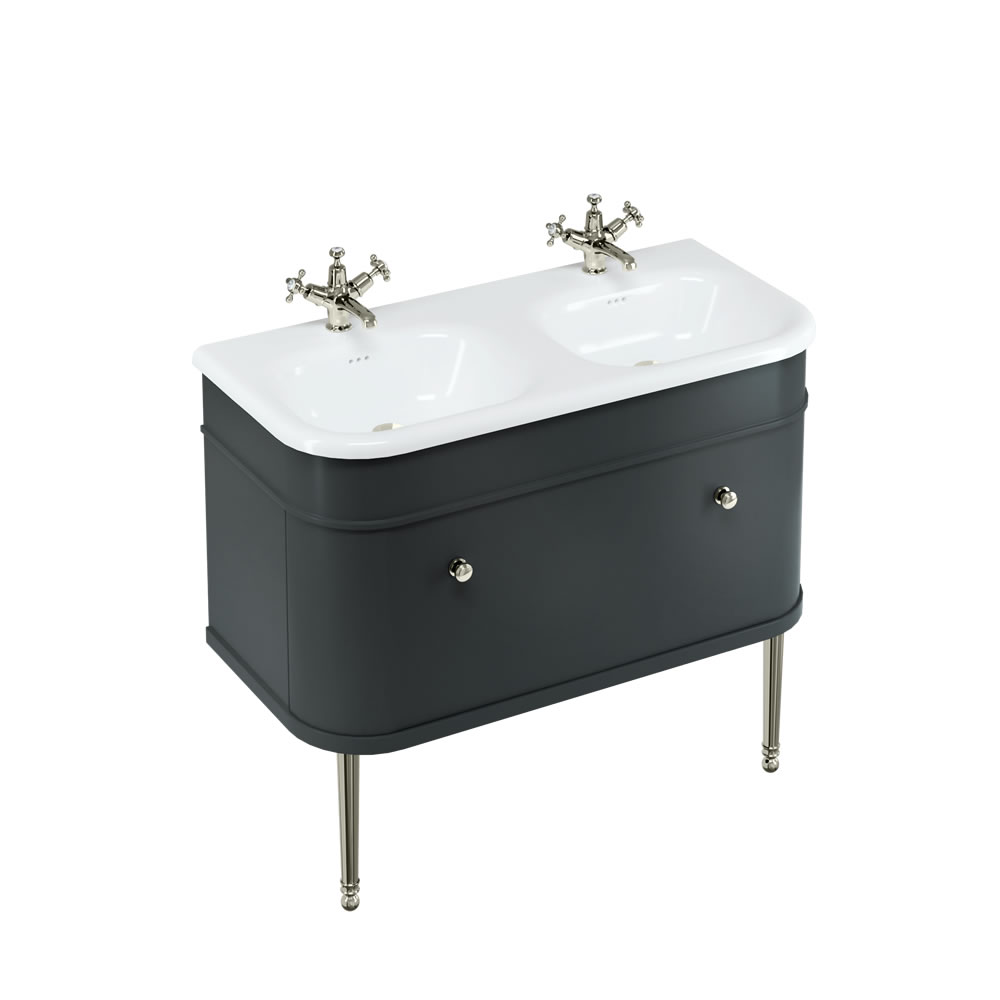 Chalfont 100cm Single drawer unit Matt Black with roll top basin, nickel legs & nickel handles