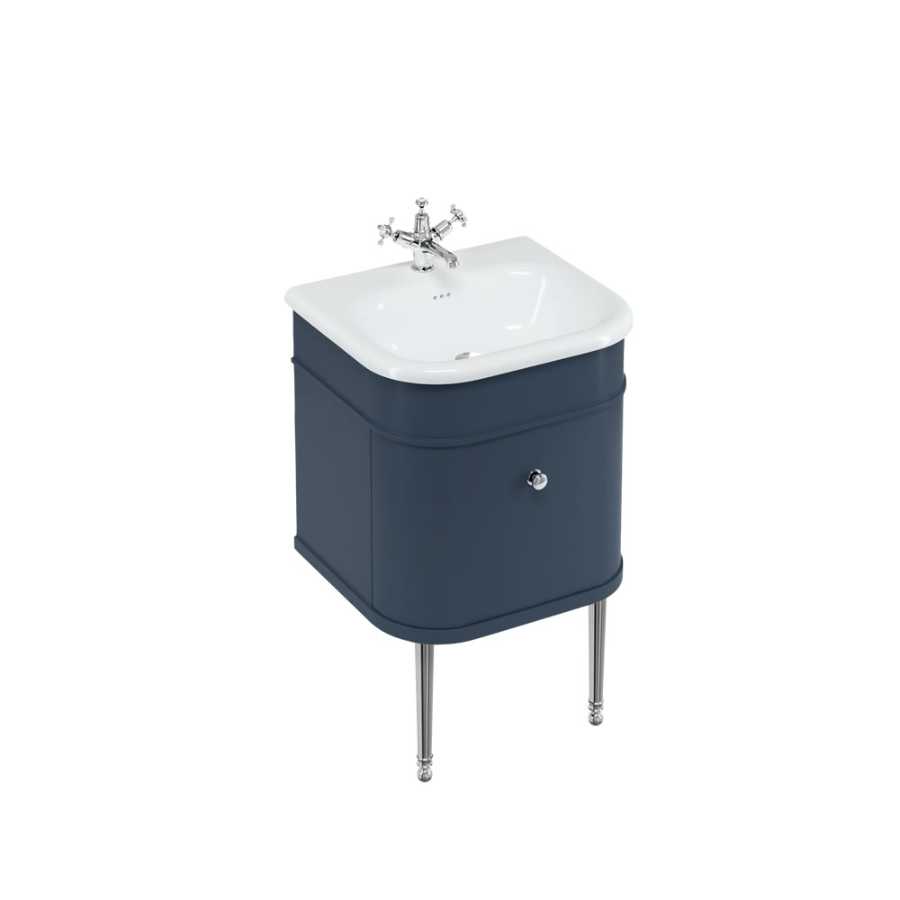 Chalfont 55cm Single drawer unit Matt Blue with roll top basin, chrome legs & chrome handles