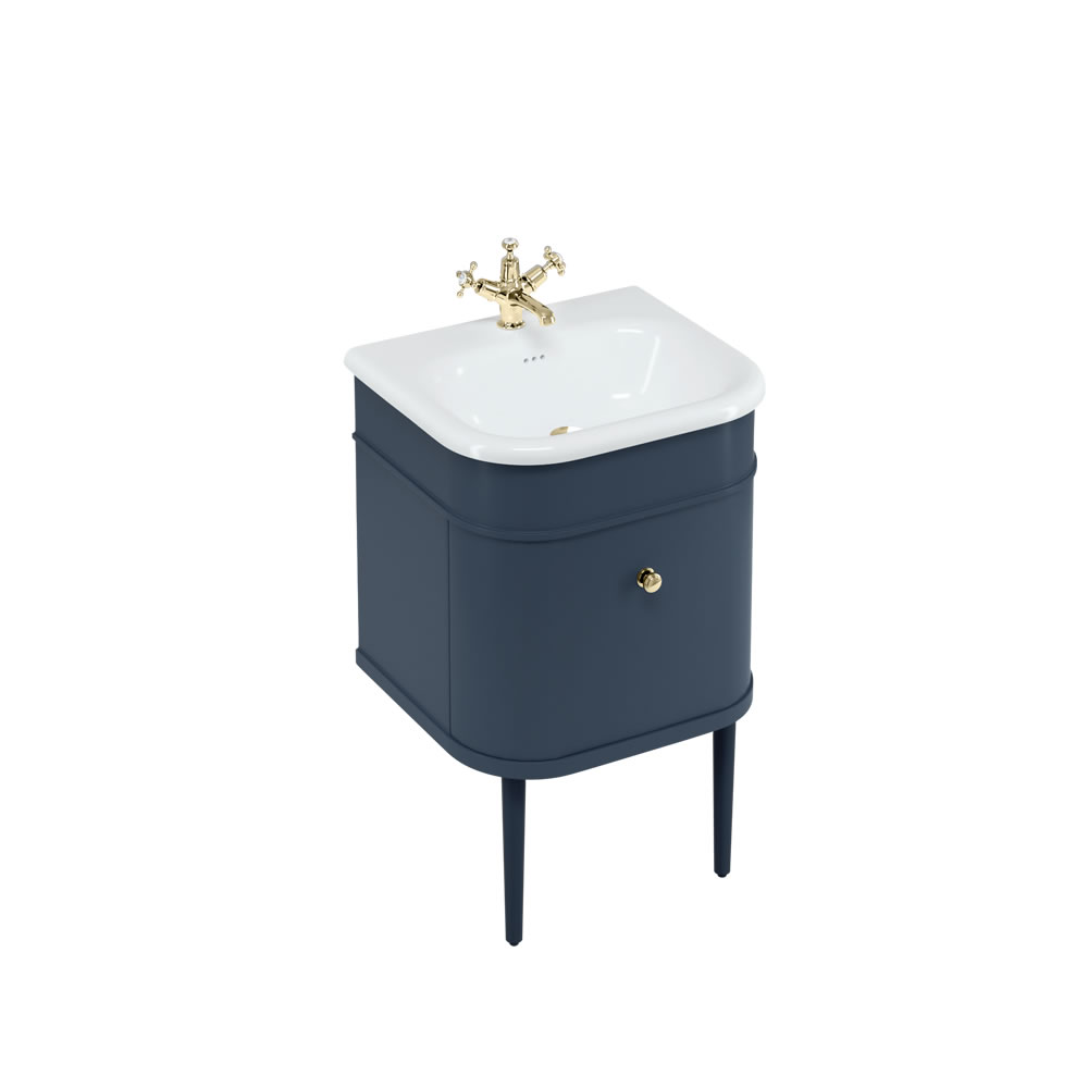 Chalfont 55cm Single drawer unit Matt Blue with roll top basin, matt blue legs & gold handles