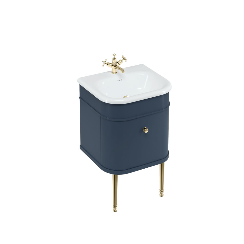 Chalfont 55cm Single drawer unit Matt Blue with roll top basin, gold legs & gold handles