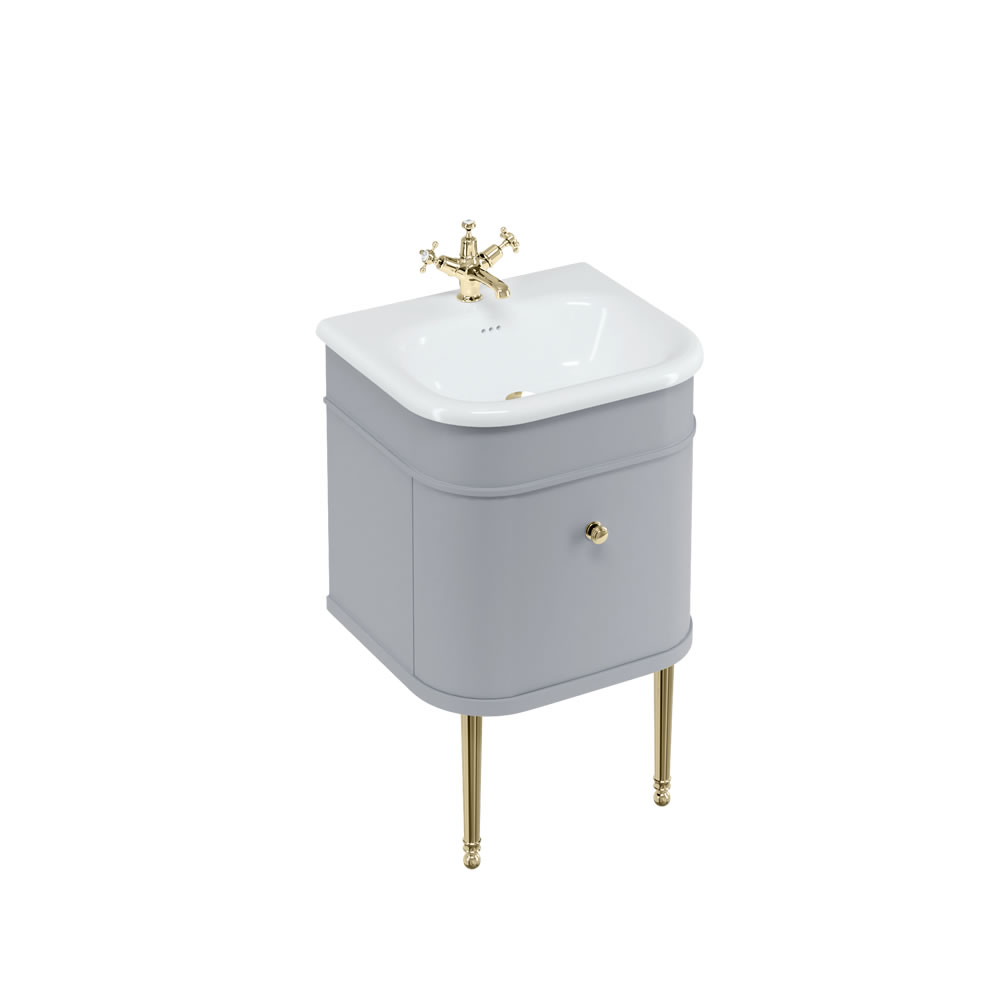Chalfont 55cm Single drawer unit Matt Grey with roll top basin, gold legs & gold handles