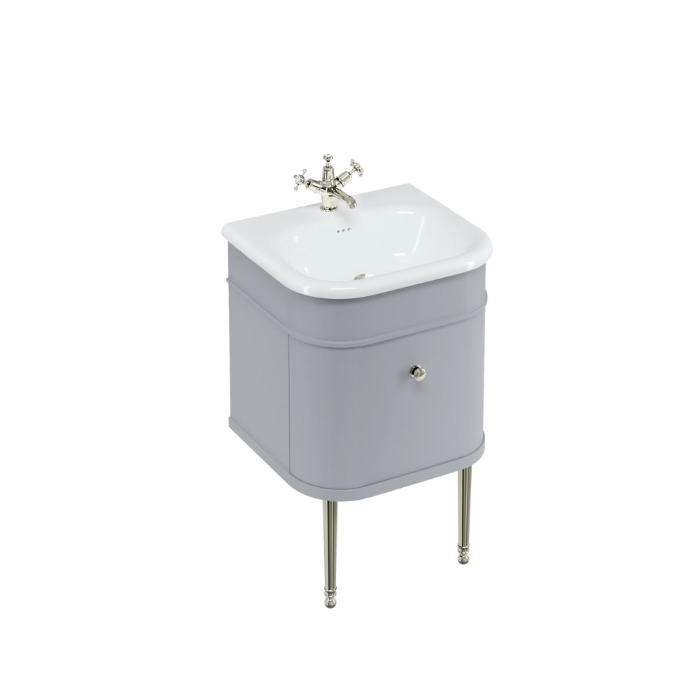 Chalfont 55cm Single drawer unit Matt Grey with roll top basin, nickel legs & nickel handles