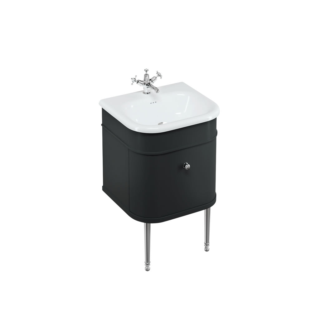 Chalfont 55cm Single drawer unit Matt Black with roll top basin, chrome legs & chrome handles
