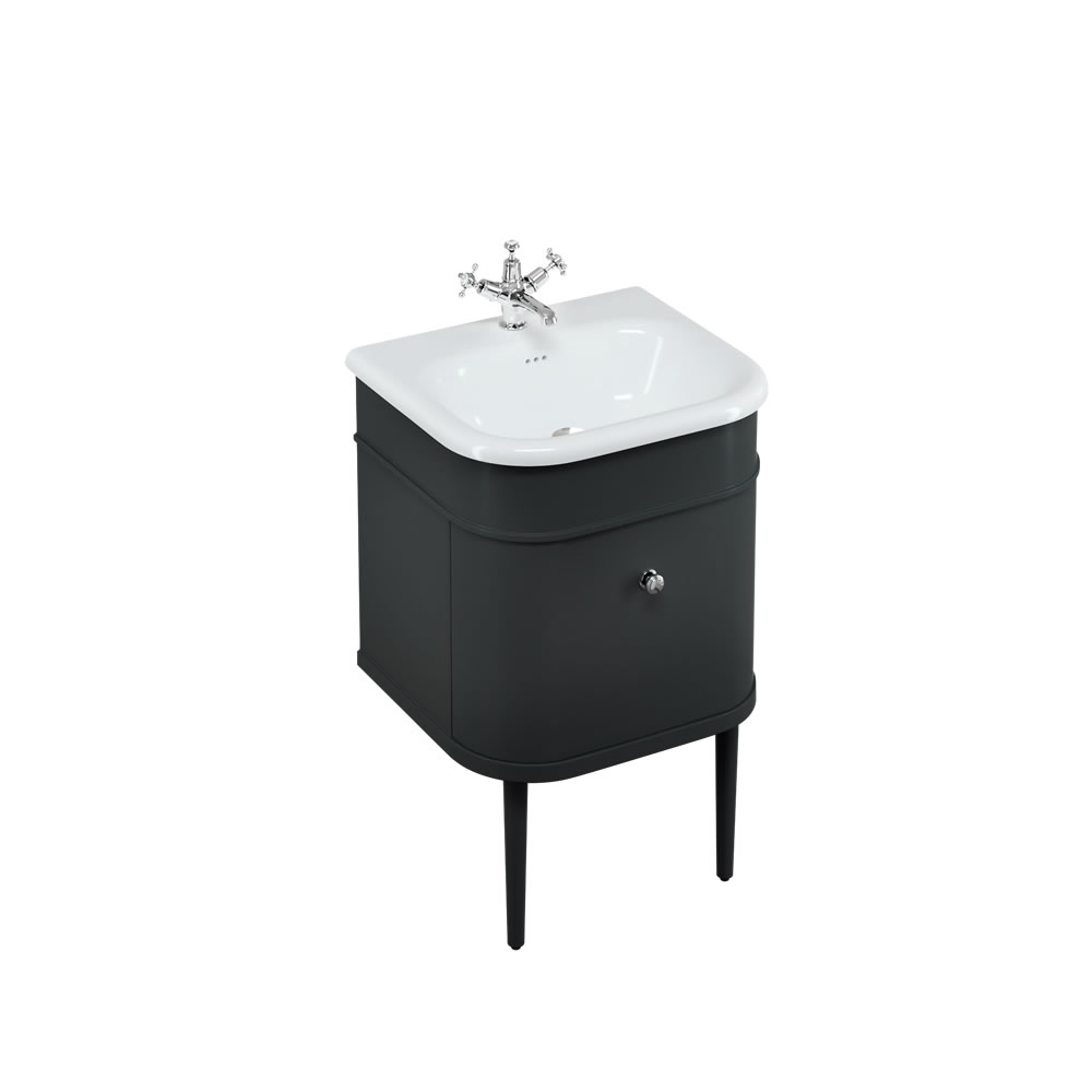 Chalfont 55cm Single drawer unit Matt Black with roll top basin, matt black legs & chrome handles