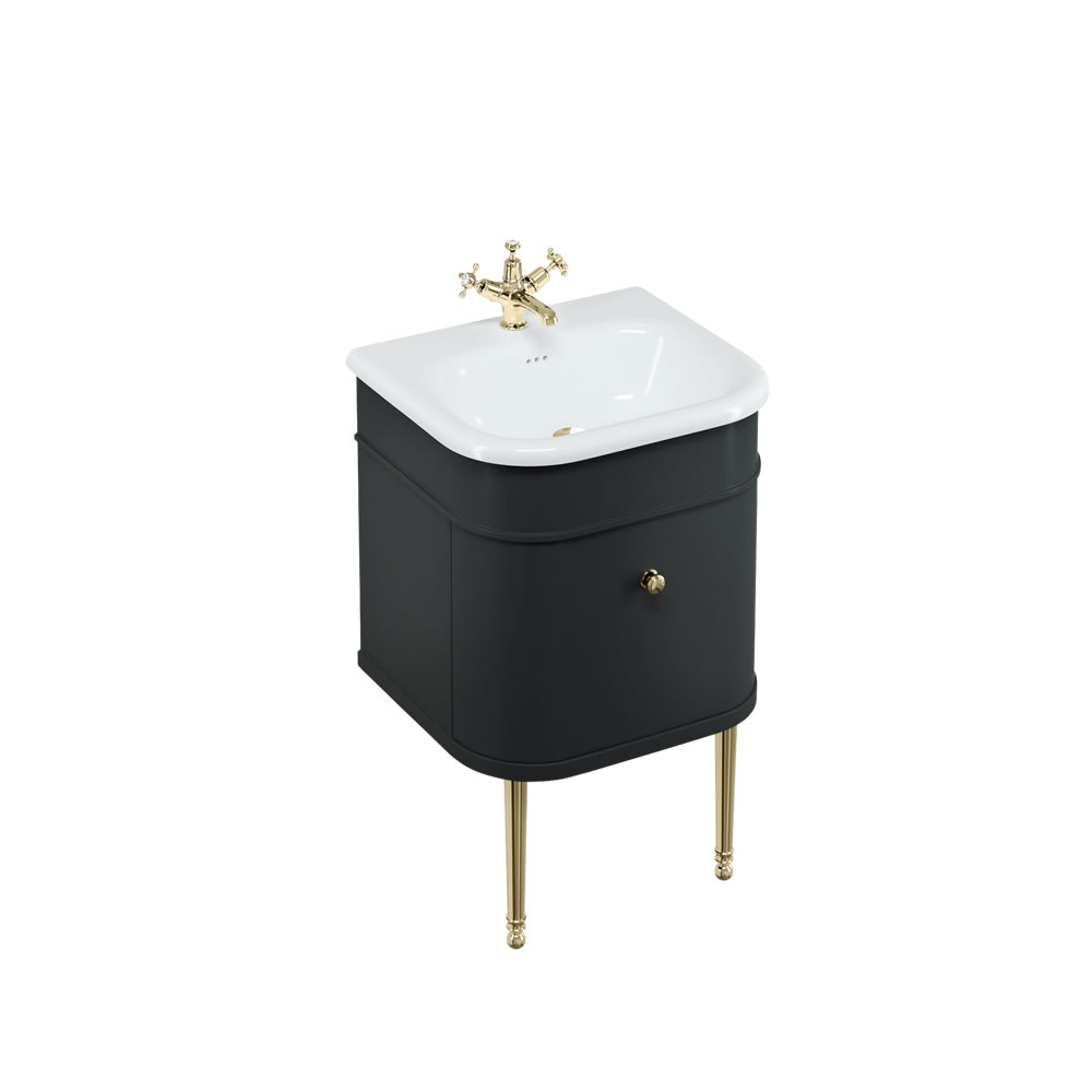 Chalfont 55cm Single drawer unit Matt Black with roll top basin, gold legs & gold handles