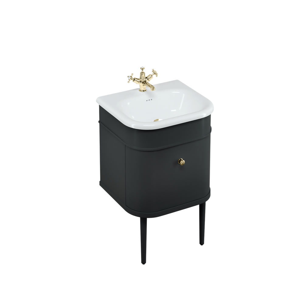 Chalfont 55cm Single drawer unit Matt Black with roll top basin, matt black legs & gold handles