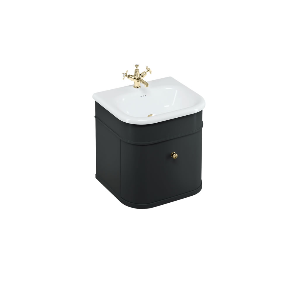 Chalfont 55cm Single drawer unit Matt Black with roll top basin & gold handles