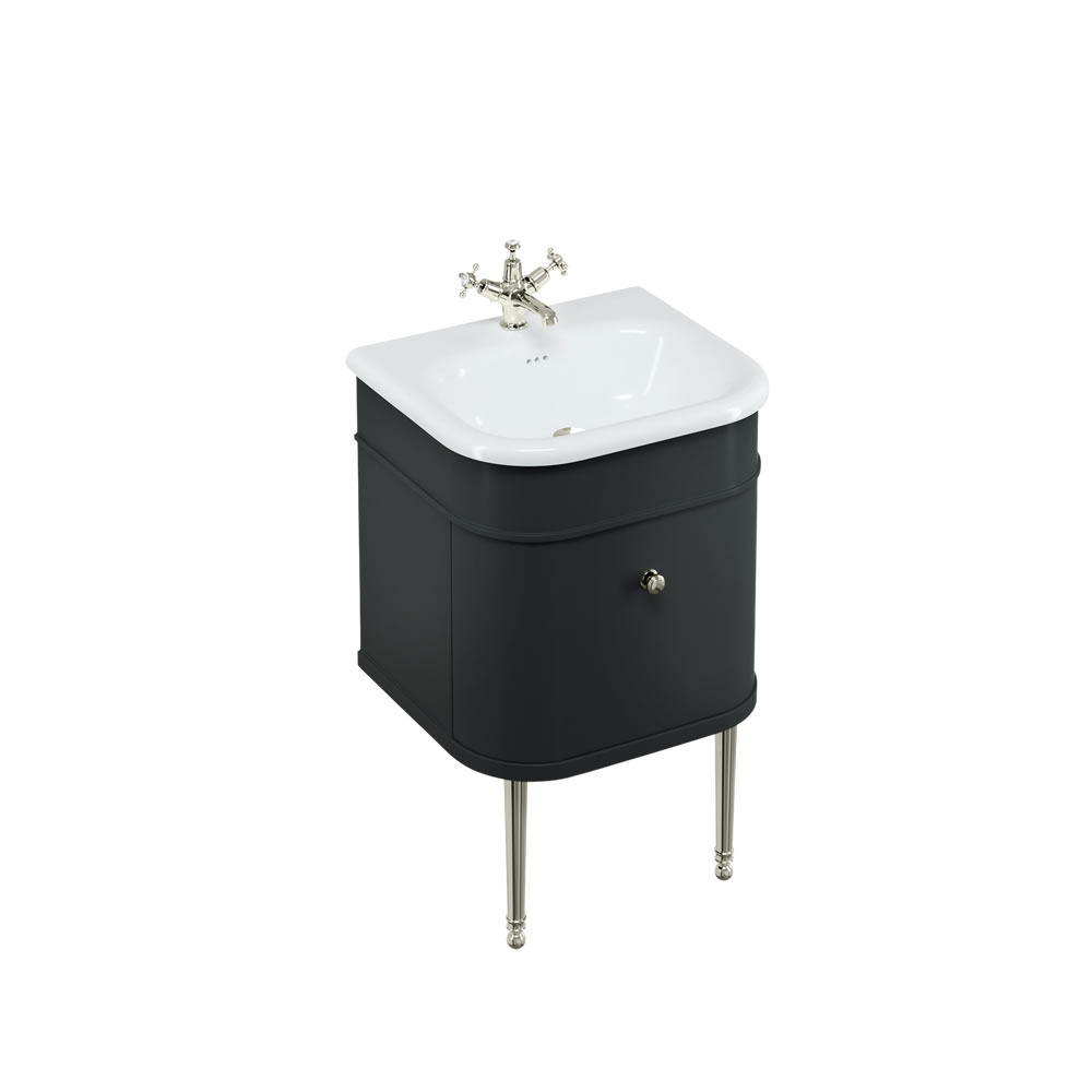 Chalfont 55cm Single drawer unit Matt Black with roll top basin, nickel legs & nickel handles