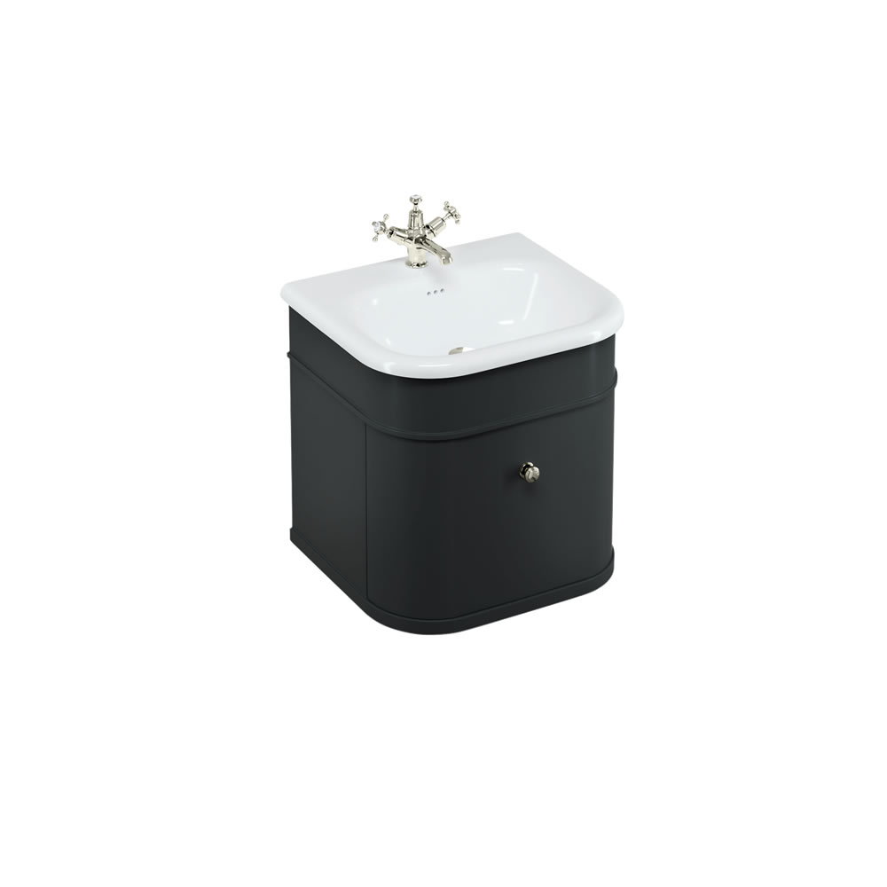 Chalfont 55cm Single drawer unit Matt Black with roll top basin & nickel handles