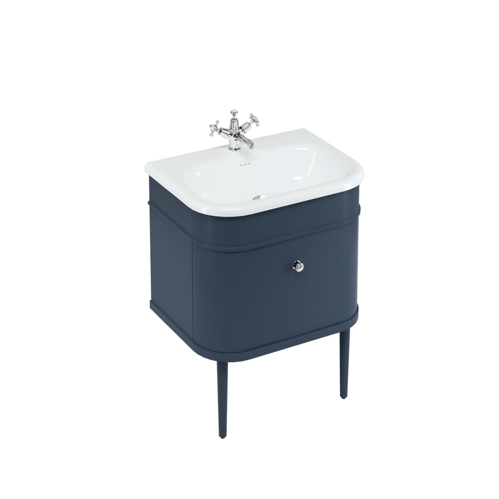 Chalfont 65cm Single drawer unit Matt Blue with roll top basin, matt blue legs & chrome handles
