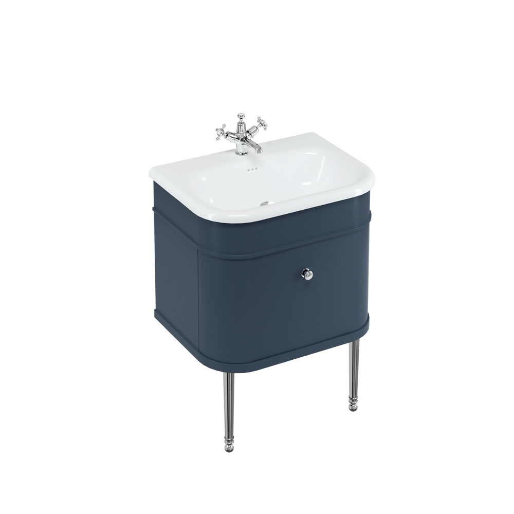 Chalfont 65cm Single drawer unit Matt Blue with roll top basin, chrome legs & chrome handles