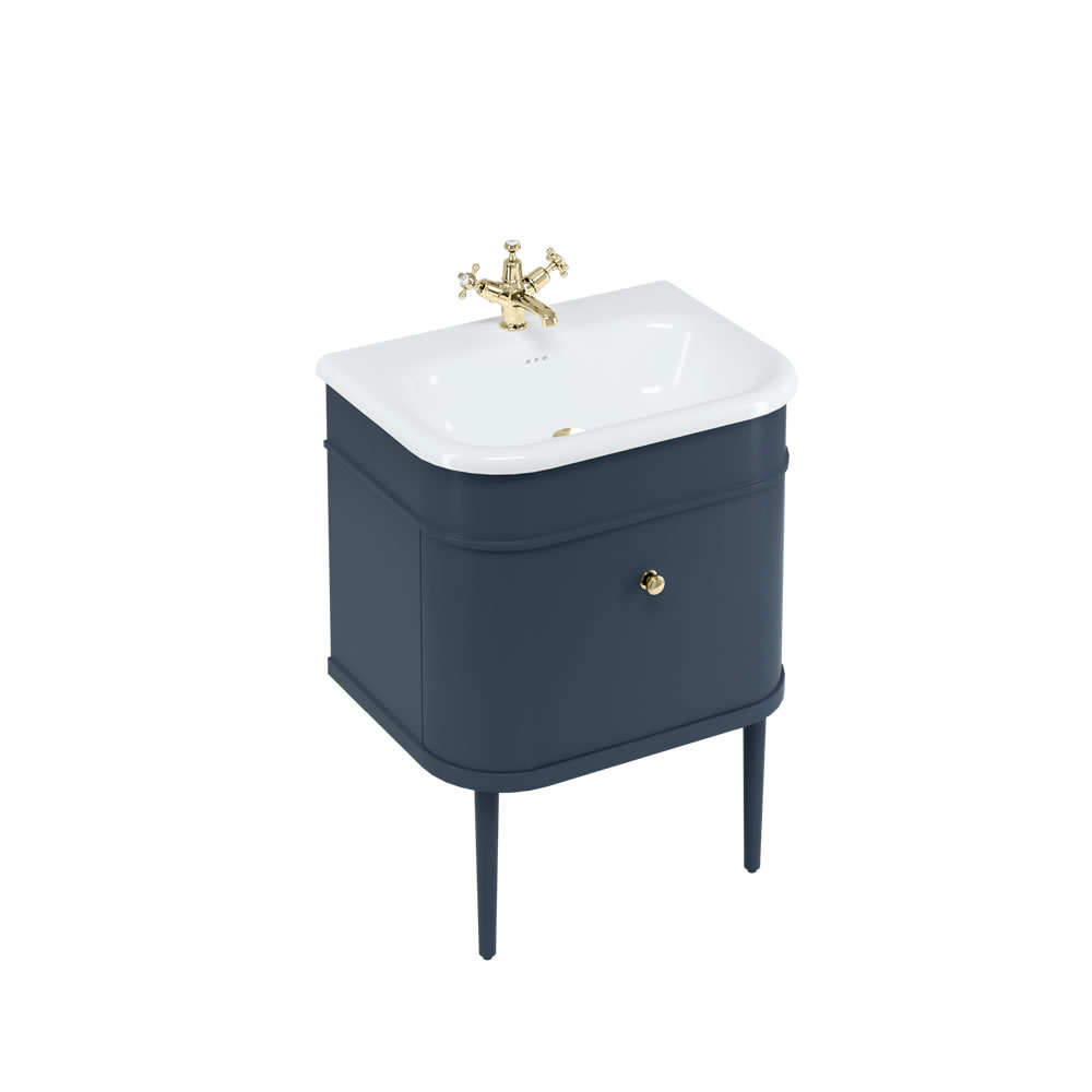 Chalfont 65cm Single drawer unit Matt Blue with roll top basin, matt blue legs & gold handles