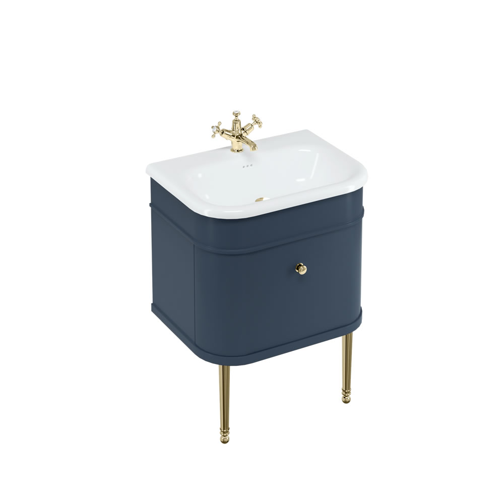 Chalfont 65cm Single drawer unit Matt Blue with roll top basin, gold legs & gold handles