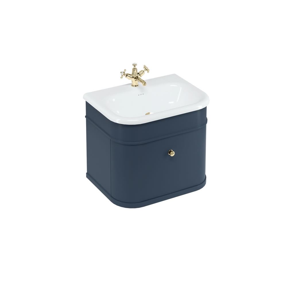 Chalfont 65cm Single drawer unit Matt Blue with roll top basin & gold handles