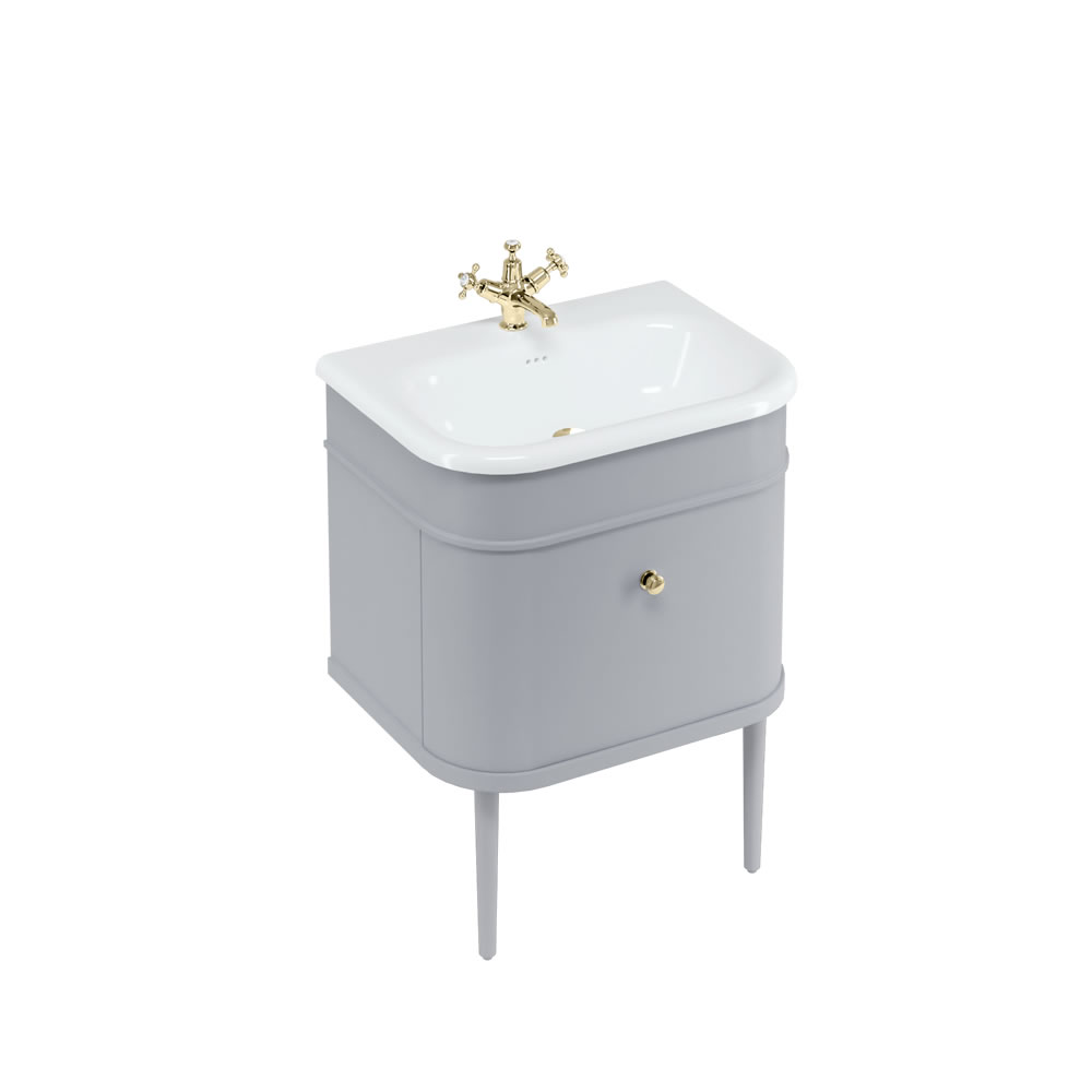 Chalfont 65cm Single drawer unit Matt Grey with roll top basin, matt grey legs & gold handles