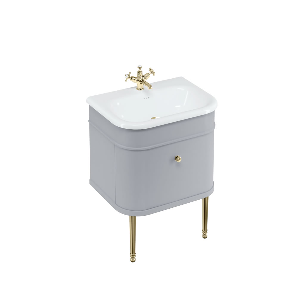 Chalfont 65cm Single drawer unit Matt Grey with roll top basin, gold legs & gold handles