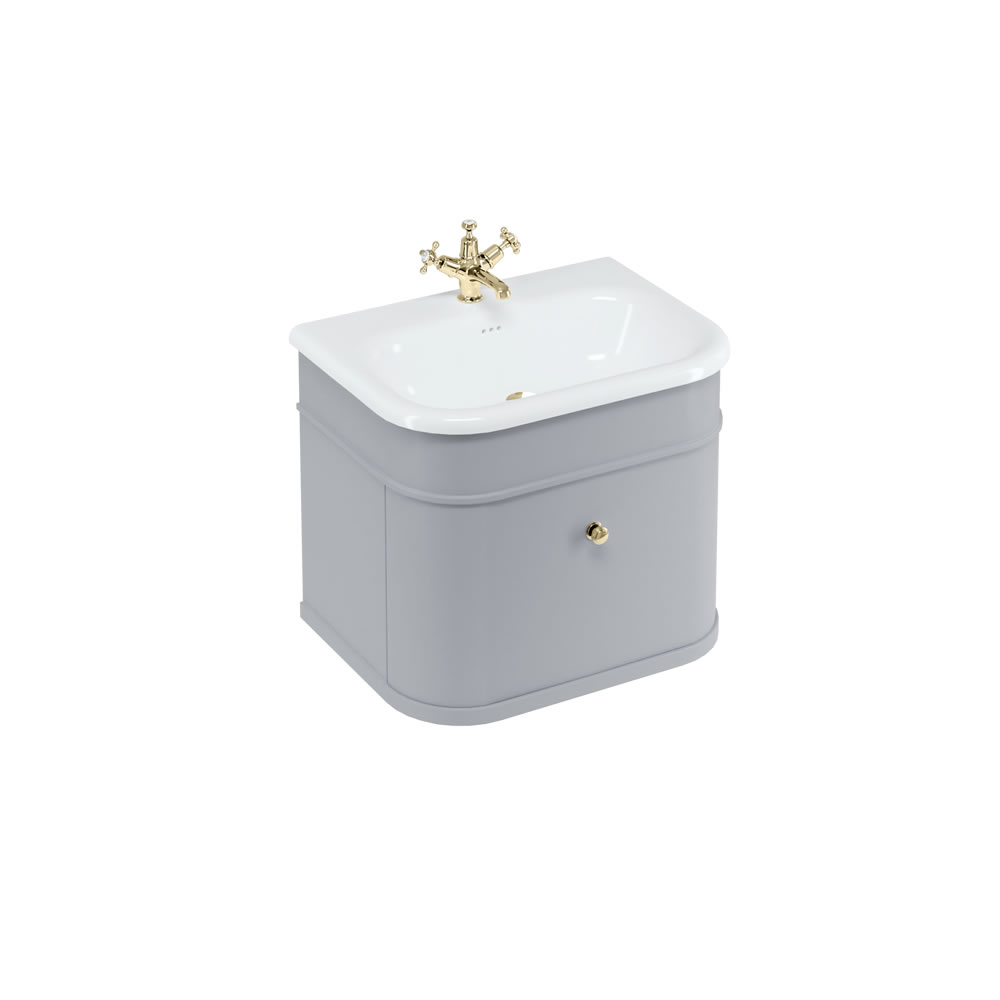Chalfont 65cm Single drawer unit Matt Grey with roll top basin & gold handles