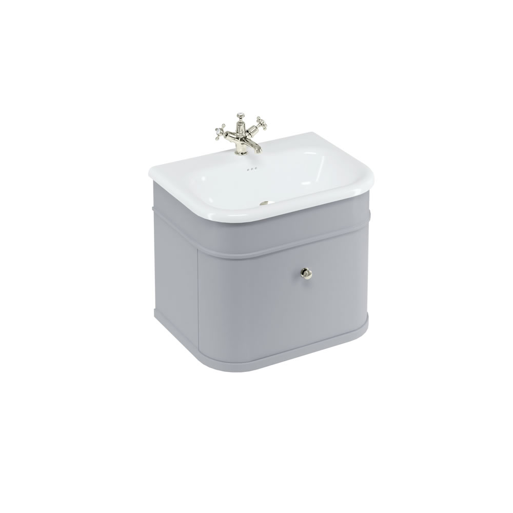 Chalfont 65cm Single drawer unit Matt Grey with roll top basin & nickel handles