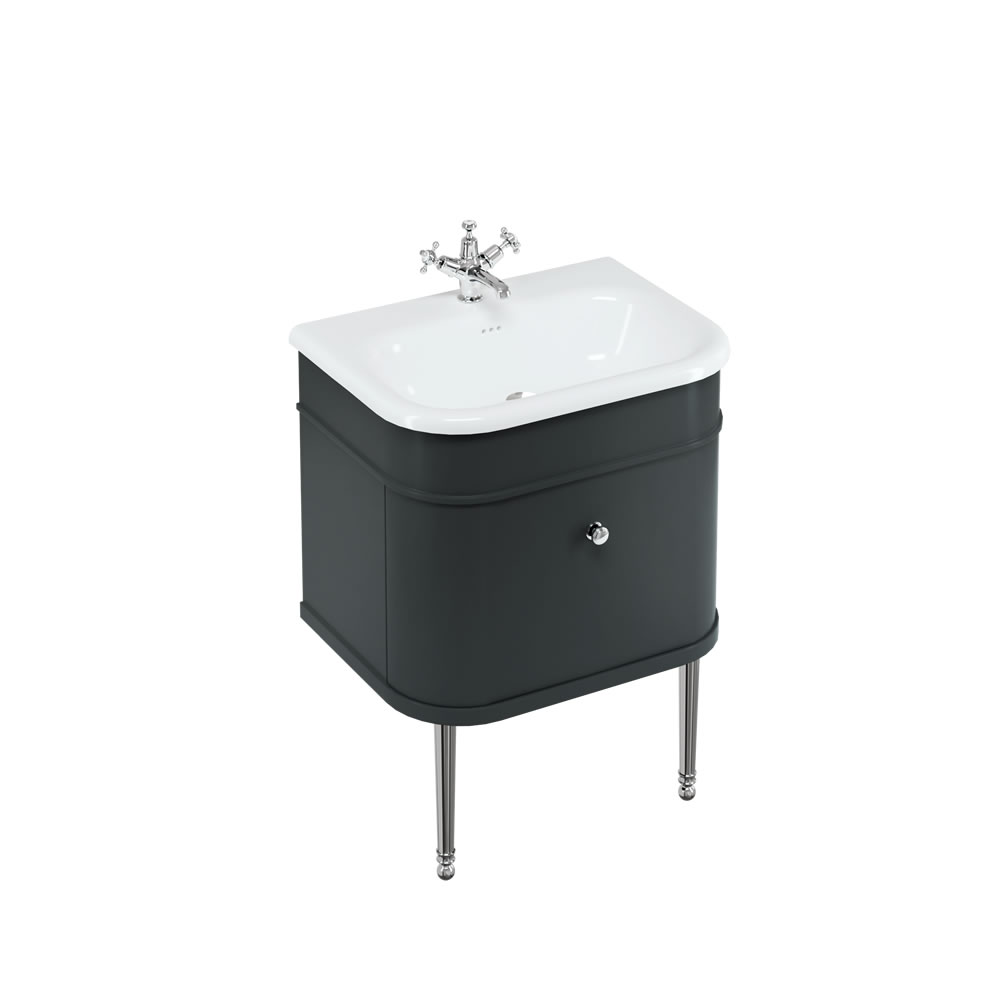 Chalfont 65cm Single drawer unit Matt Black with roll top basin, chrome legs & chrome handles