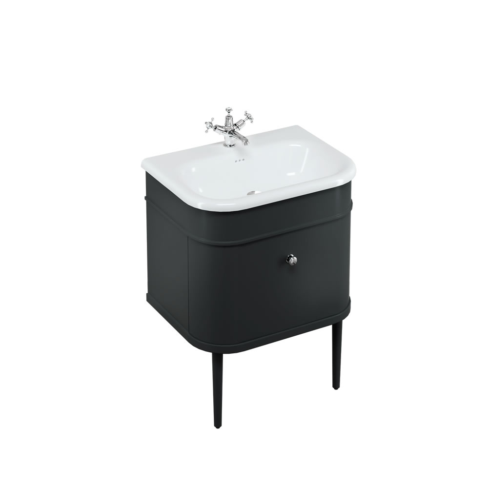 Chalfont 65cm Single drawer unit Matt Black with roll top basin, matt black legs & chrome handles
